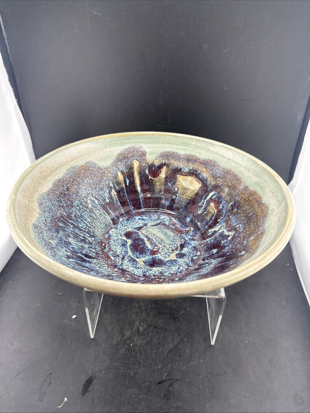 Vintage Studio Art Pottery Bowl 8.5" Hand Thrown Drip Glaze Blue Purple Green